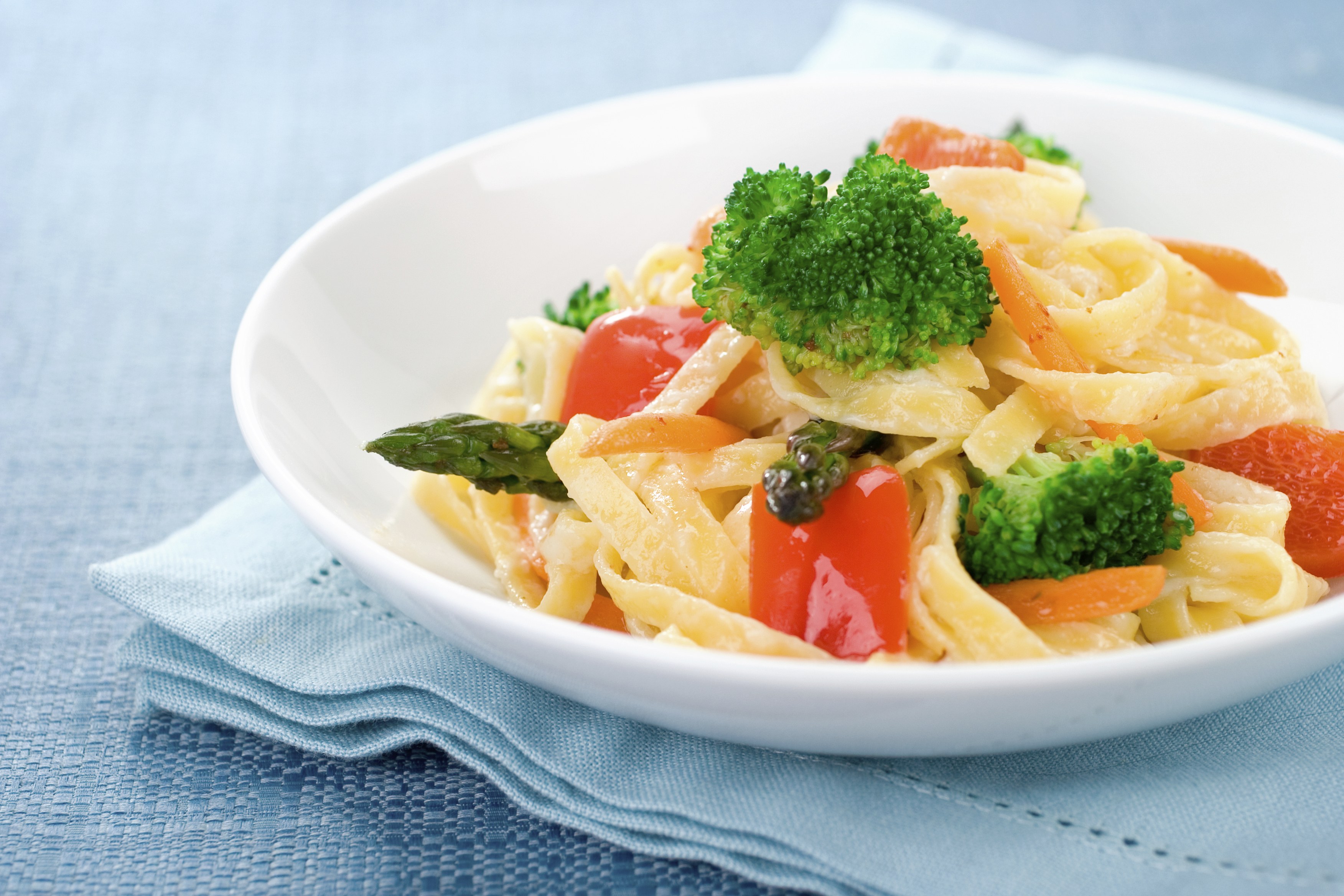 Delicious fresh vegetables tossed with fresh ribbon pasta make up this healthy and delectable Pasta Primavera.  Shallow dof